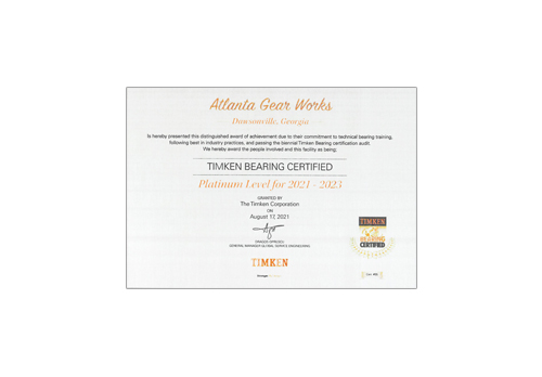 Atlanta Gear Works earns elite Timken Platinum Certification!